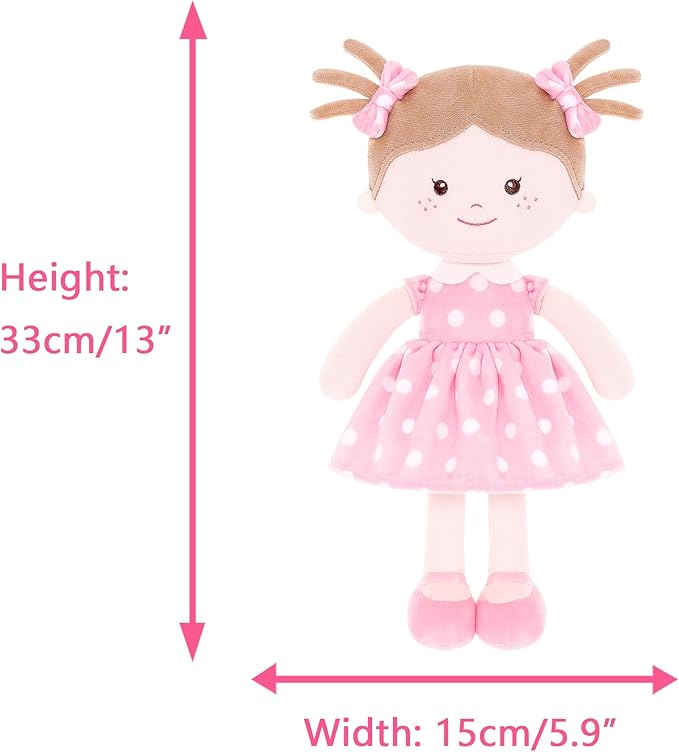 Onetoo Plush Rag Doll Sleeping Cuddle Buddy Doll Soft Baby Doll for Girls First Baby Doll Wear Pink Skirt Dress 14"（Milly Series）