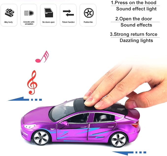 Diecast Toy 3 Car Model,Zinc Alloy Simulation Casting car Model Pull Back Vehicles,1:32 Scale Mini Vehicles Toys with Lights and Music for Toddlers Kids Children Birthday Gift (Purple)