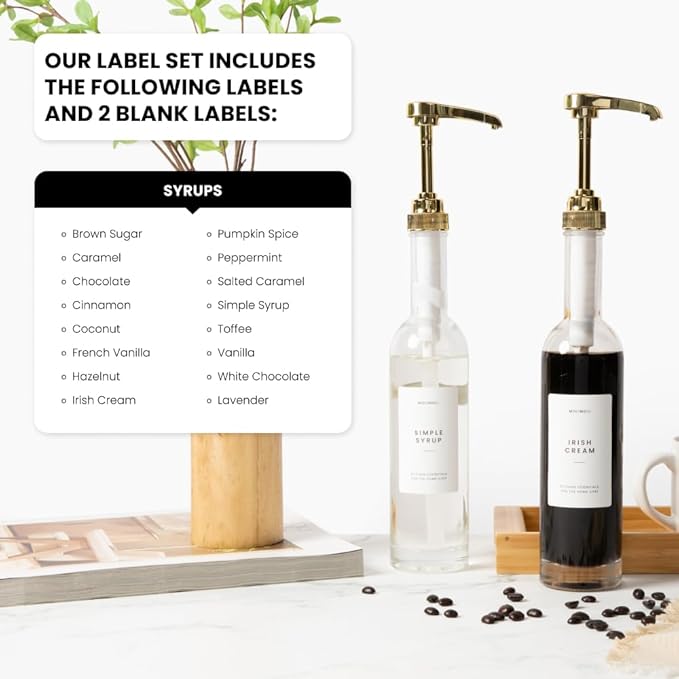 Molimoli Coffee Syrup Dispenser for Coffee Bar, 350mlCoffee Pump Dispenser, Glass Syrup Bottle w. Pumps, Simple Syrup Dispenser w. Labels,Set of 4, (Gold)