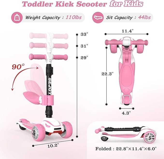Sejoy Toddler Kick Scooter for Kids with 3 Wheels Extra-Wide Childrens Foldable Toy Scooter with Adjustable Height/Handlebars & Folding Seat for Kids Ages 3+