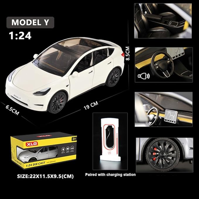 1/24 Model Y Toy Cars Alloy Diecast Model Car, Pull Back Mo-del Y Car with Light, Big Mo-del Y Diecast Cars Toy Suitable for Kids Adults Birthday Gift (White)