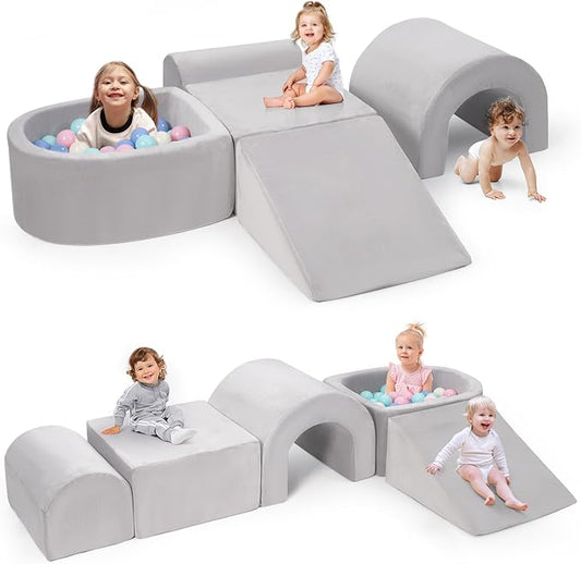 Foam Climbing Blocks for Toddlers, 5-Piece Tunnel Climber and Crawl Playset, Indoor Activity Play with Ball Pit, Machine Washable Velvet Cover, Soft Climbing Toy for Kids 1-3 (Gray)