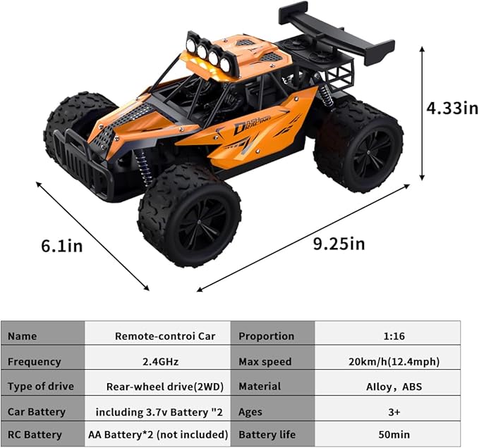 Remote Control Car Monster Truck Toys 1:16 Scale RC Car For Boys 2.4GHz High Speed 20 km/h With LED Headlights,Rechargeable RC Cars Gifts for Boys 4-7 8-12 Christmas, Beginner, Kids 6-12+(Orange)