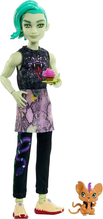 Monster High Deuce Gorgon Doll in Signature Look with Denim Snake Jacket & Accessories, Pet Mouse Perseus