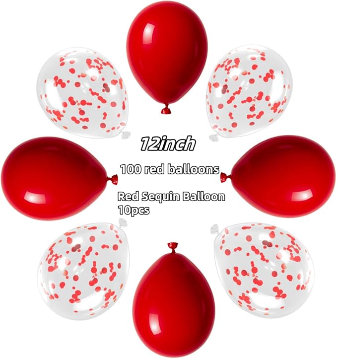 100 Pcs Red Balloons 12 inch and 10 Pcs Red confetti Suitable Balloon Total 110 for Wedding, Graduation, Birthday Balloon Party Decoration