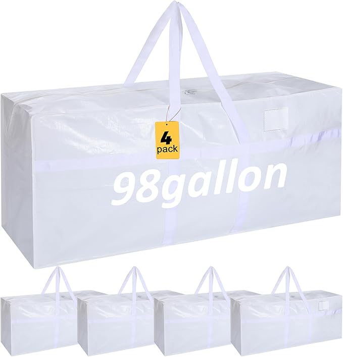 Windyun 4 Pack 98 Gallon Extra Large Storage Bags XXL Moving Bags with Zipper Handles Heavy Duty Jumbo Big Totes Box for Halloween Skeleton 4-12 Feet Christmas Tree Storage College Dorm Cloth (White)