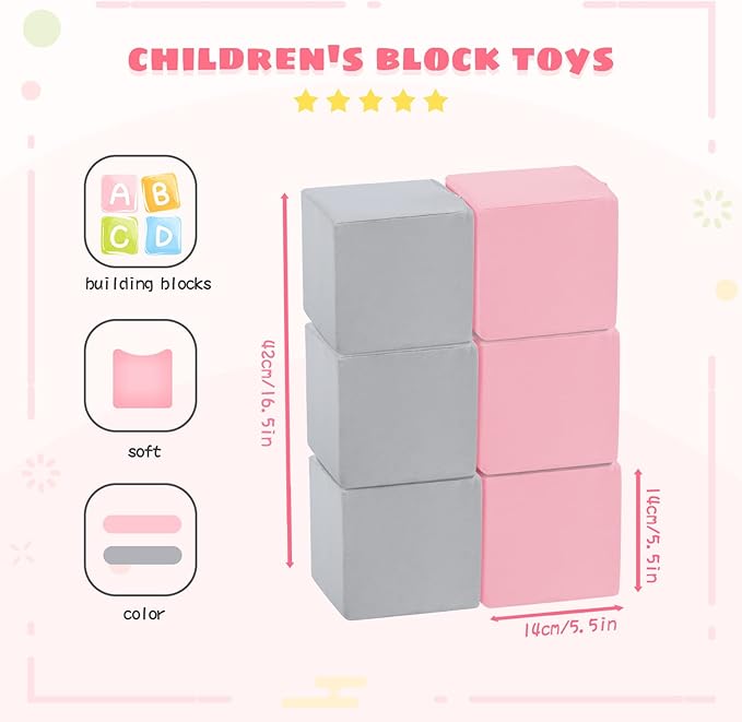 TRENDBOX 6 Pcs Toddler Foam Blocks, 5.5inch Soft Foam Cubes Blocks with Detachable Washable Cover, Soft Play Blocks for Toddlers and Kid （Light Gray & Pink）