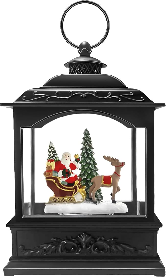 Musical Christmas Snow Globe Lantern with Santa Sleigh & Reindeer, Swirling Glitter Lighted Water Lantern, 6H Timer, USB or Battery Powered Holiday Decor