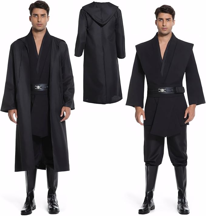 Men's Hooded Robe Tunic Cosplay Costume Knight Cloak Tunic Uniform Pants with Belt Full Set Halloween Outfits
