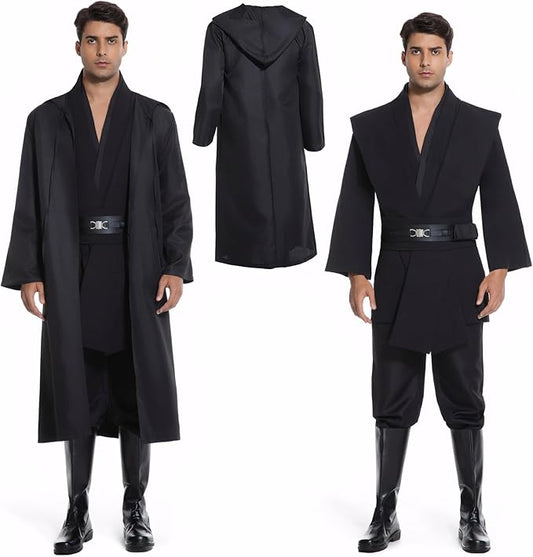 Men's Hooded Robe Tunic Cosplay Costume Knight Cloak Tunic Uniform Pants with Belt Full Set Halloween Outfits