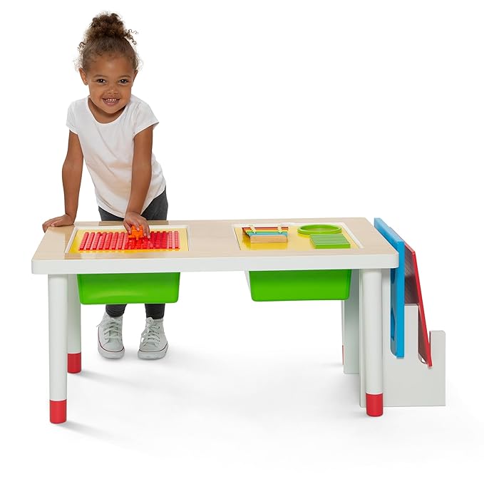 Delta Children Play and Learn Sensory Table for Kids Includes Shape Sorting, Building Block Baseplate, Gears and Musical Instruments - Use as Sand/Activity Table, White/Primary