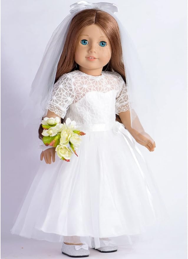 18 Inches American Doll Clothes First Communion Gorgeous White Wedding Dress Veil Bouquet Sets Fit 18 Inches Dolls