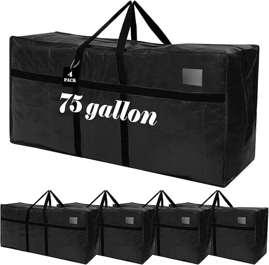 Windyun 4 Pack 75 Gallon Extra Large Storage Bags XXL Moving Bags with Zipper Handles Heavy Duty Jumbo Big Totes Box for Halloween Skeleton 4-12 Feet Christmas Tree Storage College Dorm Cloth (Black)