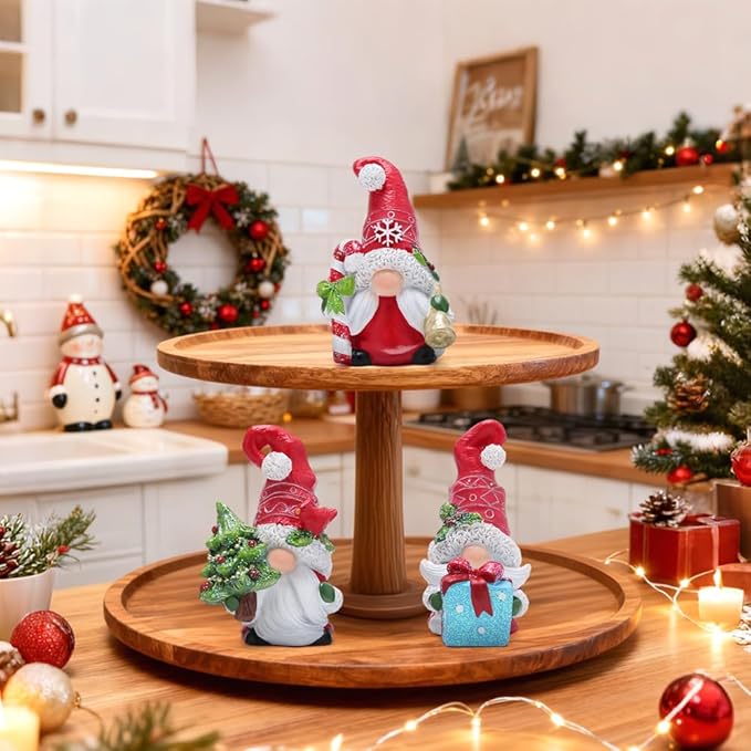 Hodao Christmas Gnome Decorations Set of 3 - Hand-Painted Resin Santa Gnomes with Candy Cane, Christmas Tree & Gift Box, Holiday Home Decor for Tiered Tray, Mantel, Tabletop, Windowsill