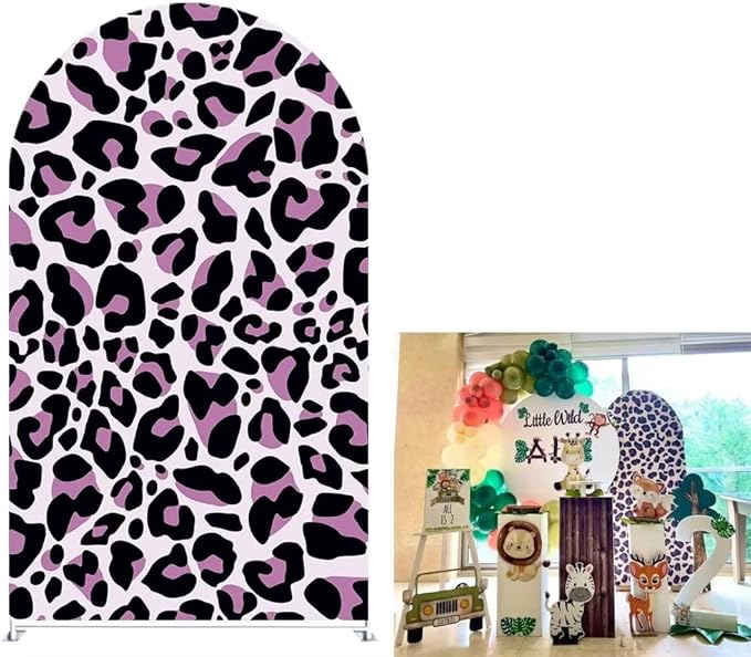 2.5x6ft Double-Sided Stretchy Arched Stands Covers, Purple-Black Leopard Print Arched Backdrop Cover for Wild Junlge Safari Birthday Party Arch Props GX-317