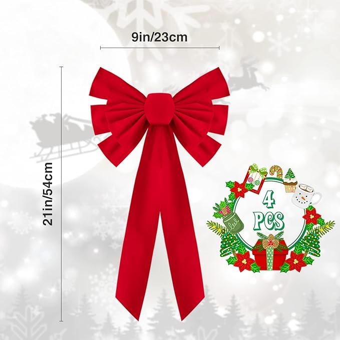 4 Pcs Medium Red Bows Christmas Tree Decor - 21"×9" Velvet Red Bows with Golden Tie, Easy Hanging for Window/Stairs/Porch/Gifts Warp/Party Supplies