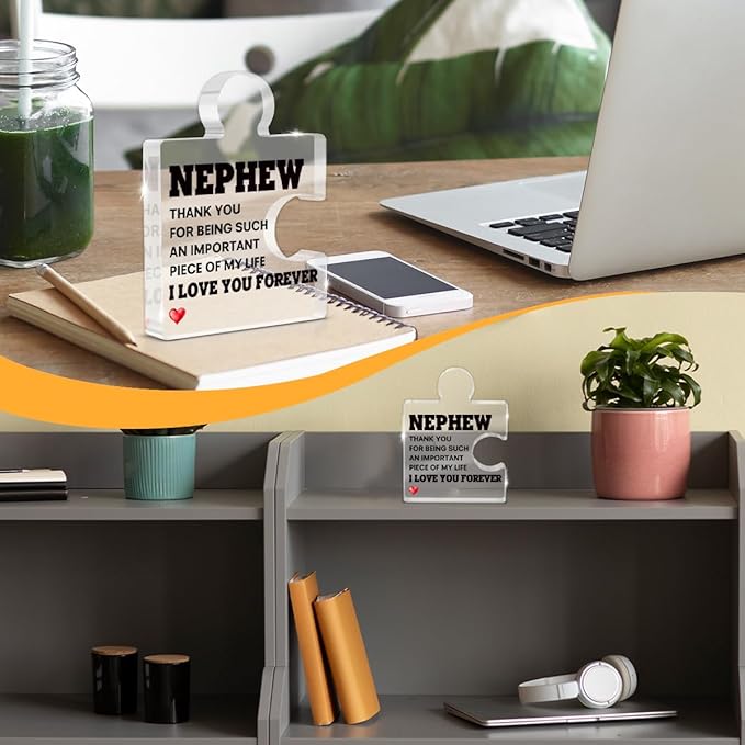 Nephew Gifts from Auntie Uncle, Heartwarming Nephew Gifts from Aunt Birthday Graduation Christmas Gift for Men Boys Acrylic Puzzle Piece Plaque Keepsake Desk Decorations for Home Decor