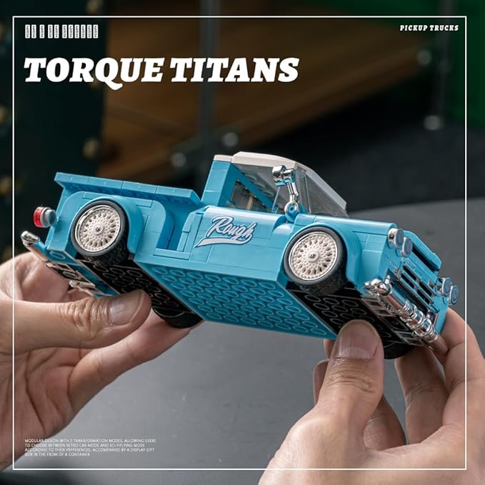 PB8840 1:32 Blue Retro Pickup Truck Buliding Blocks Set, 297 Pieces Scale Model Car Container Display Box, Clamping Blocks Toy Gift for Adults