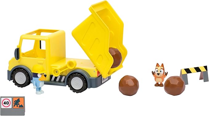 Bluey Dump Truck Toy with Hard Hat Muddy Bingo Figures | Load & Unload Rocks - Includes Safety Signs & Stickers | for Kids Ages 3+