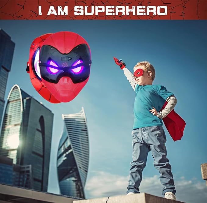 Superhero Costume Masks Capes Boys,Web Shooter Super Heros Toy- Web Goves Costume Kids for Christmas Halloween Birthday Party Over 3 Years Old
