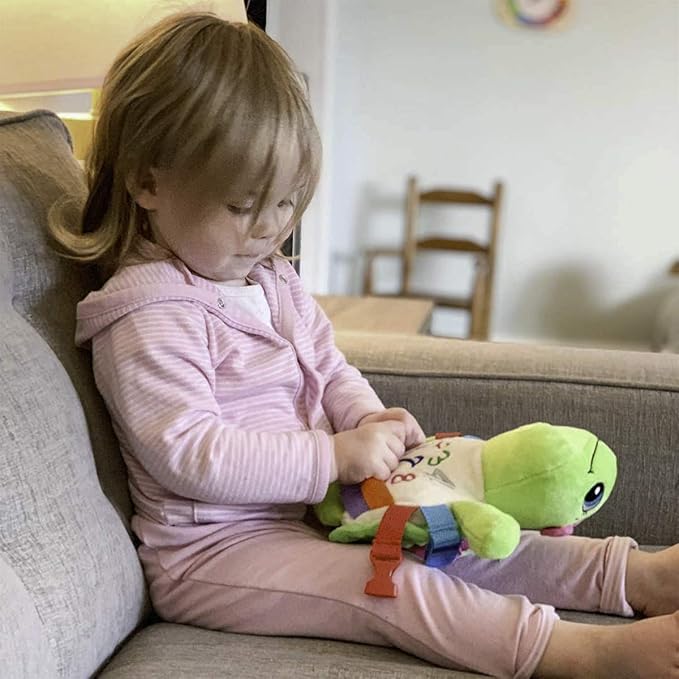 Buckle Toys Belle Turtle Stuffed Animal Montessori Toys for Toddlers 1-3 Sensory Toys to Develop Fine Motor Skills and Learn Shapes and Colors, Travel Essentials for Kids, Includes Storage Pocket