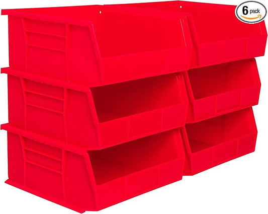 Akro-Mils 30235 AkroBins Plastic Storage Bins, Space-Saving Stackable Bins for Garage, Pantry, Craft Organization, 11-" x 11-" x 5-", Red, 6-Pack