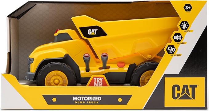 CAT Construction Toys, Motorized Dump Truck Toy, 6 Unique Sounds, 2 Motorized Functions, Lights & Sounds, Includes 3 AA Batteries.