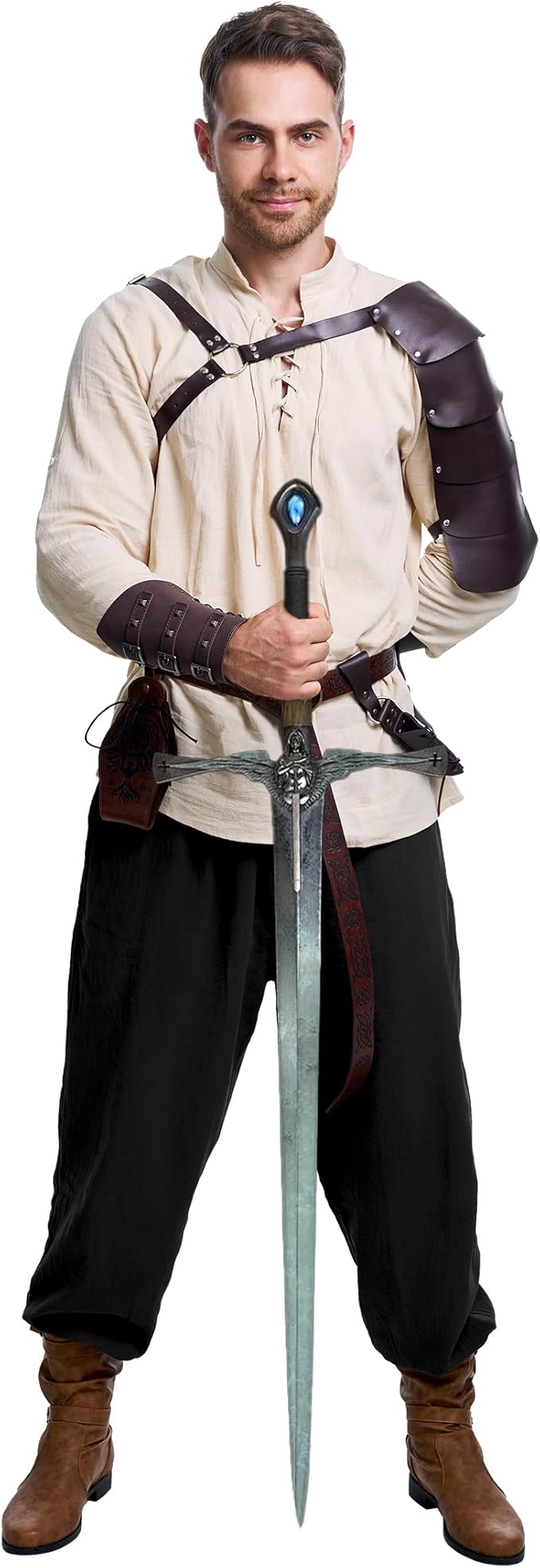 8 Pcs Men's Renaissance Costume Halloween Medieval Pirate Shirt Pant Viking Costume Accessories Set