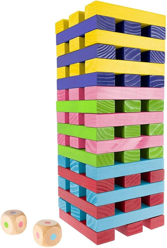 Hey! Play! Nontraditional Giant Wooden Blocks Tower Stacking Game with Dice, Outdoor Yard Game, for Adults, Kids, Boys and Girls (Rainbow Color)