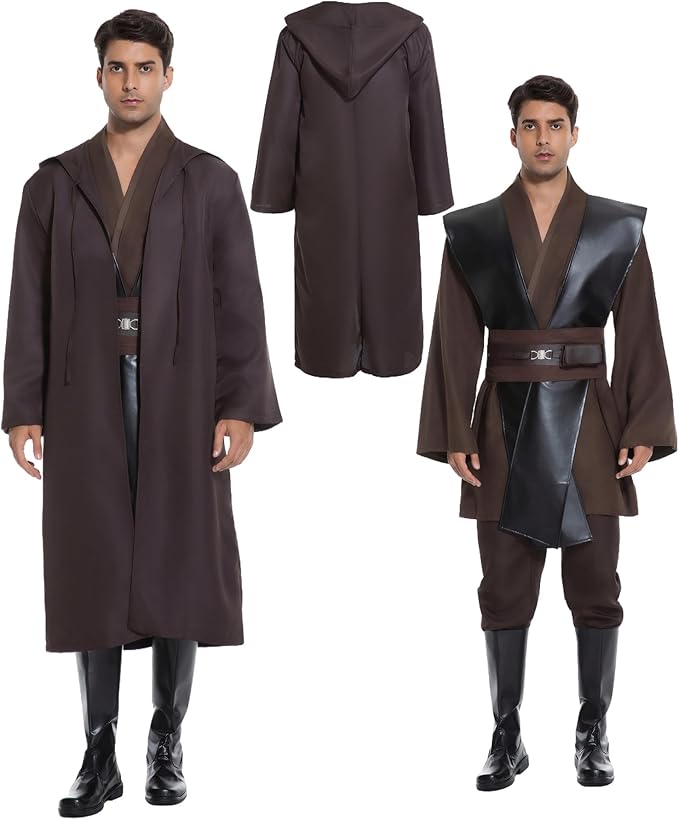 Men's Hooded Robe Tunic Cosplay Costume Knight Cloak Tunic Uniform Pants with Belt Full Set Halloween Outfits