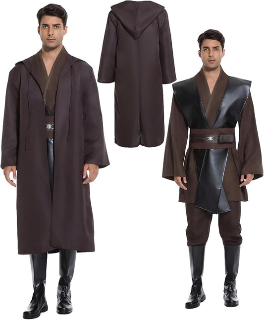Men's Hooded Robe Tunic Cosplay Costume Knight Cloak Tunic Uniform Pants with Belt Full Set Halloween Outfits