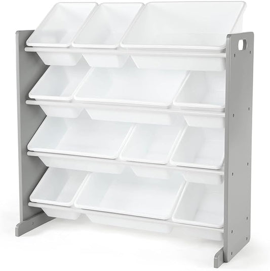 Humble Crew, Grey/White Kids Toy Organizer with 12 Storage Bins, Toddler