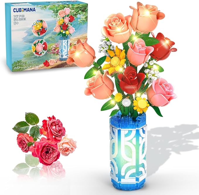 14 Flowers Bouquet Building Set with Vase and LED Light, Mother's Day 747 PCS Mini Roses Flower Botanical Building Blocks Toy, Birthday Gifts for Adults, Artificial Roses Flowers Home Decor