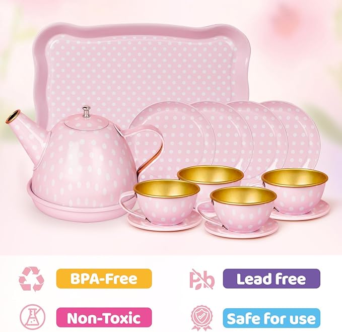 Tea Party Set for Little Girls, Princess Tea Time Toys Including Tin Teapot Set Cups Carrying Case, Toddlers Pretend Role Play Kids Kitchen Toys Birthday Gifts Age 3 4 5 6
