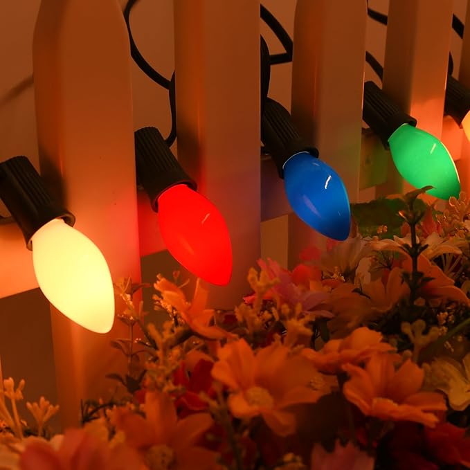 100Ft C7 LED Christmas String Lights Outdoor, Multicolor Christmas Decorations Lights with 100+5 Colored C7 LED Bulbs, Vintage Decor Light for Xmas Tree Home Yard Party Decor, E12 Base, Green Wire