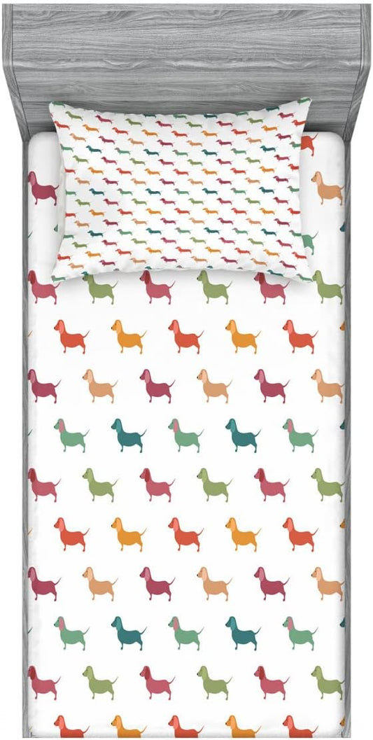 Ambesonne Scottie Dog 2 Pack Fitted Sheet & Pillow Sham Set, Little Dachshund Breeds, 4 Pcs Bedding Decor, Package Contains 2 Twin Size Fitted Sheets & 2 Pillow Covers, Plum Orange