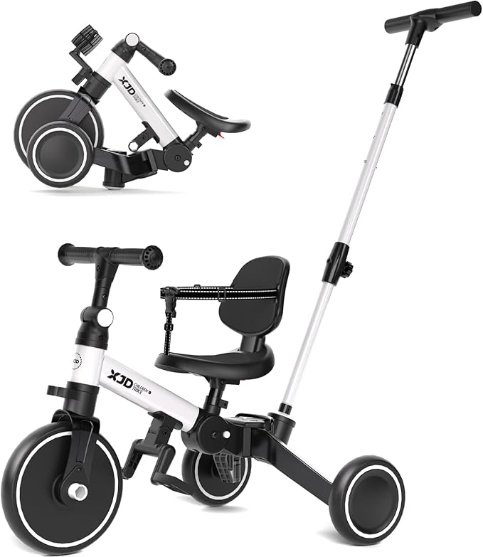 XJD Toddler Bike, 6 in 1 Folding Toddler Tricycle for 1-4 Year Old with Push Handle, Balance Bike with Removable Pedal,Backrest, Adjustable Seat Height and Handle, First Birthday Gifts (White)