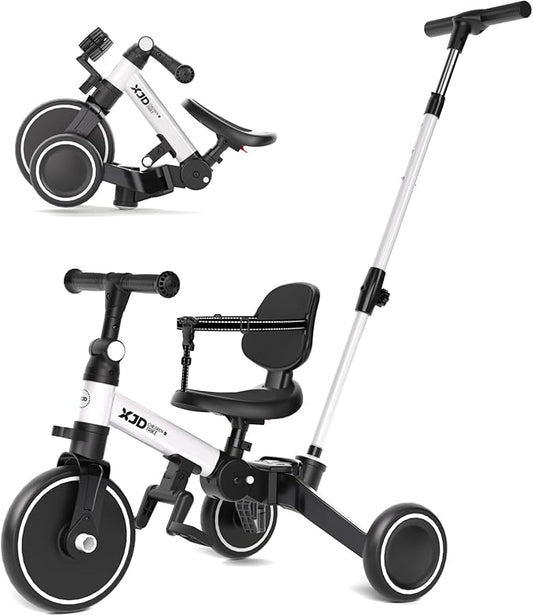 XJD Toddler Bike, 6 in 1 Folding Toddler Tricycle for 1-4 Year Old with Push Handle, Balance Bike with Removable Pedal,Backrest, Adjustable Seat Height and Handle, First Birthday Gifts (White)