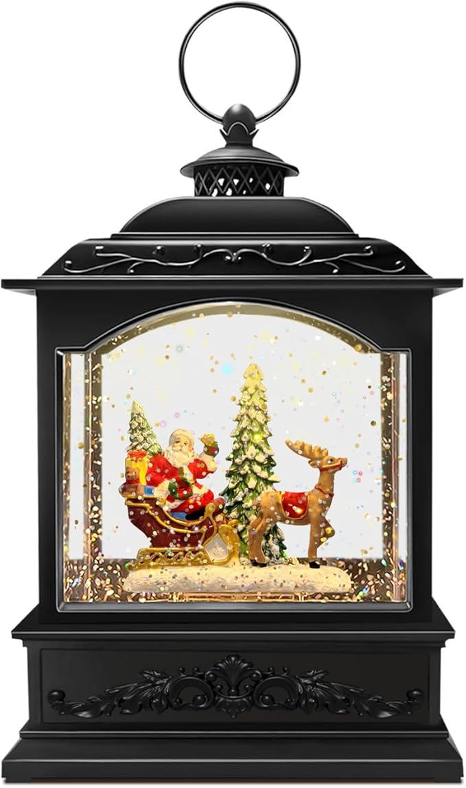 Musical Christmas Snow Globe Lantern with Santa Sleigh & Reindeer, Swirling Glitter Lighted Water Lantern, 6H Timer, USB or Battery Powered Holiday Decor