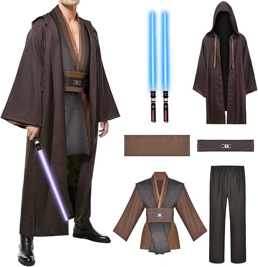 Men's Tunic Cosplay Costume with 2 PCS Light Up Saber Tunic Hooded Robe Full Set for Halloween Party