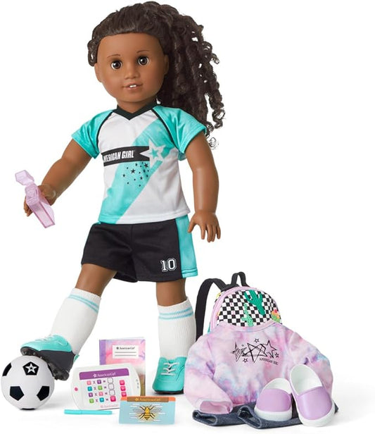 American Girl Truly Me 18-inch Doll 67 & School Day to Soccer Play Playset with Supplies, Uniform, and Ball, For Ages 6+