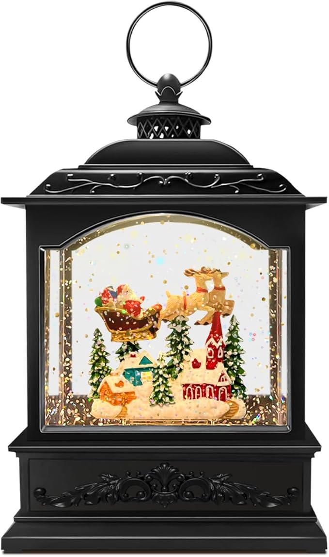 Musical Christmas Snow Globe Lantern with Flying Santa, Swirling Glitter Lighted Water Lantern, 6H Timer, USB or Battery Powered Holiday Decoration