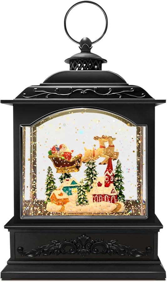 Musical Christmas Snow Globe Lantern with Flying Santa, Swirling Glitter Lighted Water Lantern, 6H Timer, USB or Battery Powered Holiday Decoration