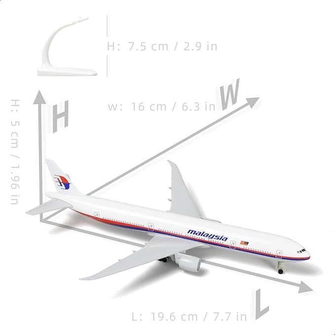 1/300 Boeing 777 Malaysia Diecast Metal Airplane Model with Stand -777 Airplane Model for Adult with Stand (8.3 inches Long) Aviation Enthusiasts Gifts, Desktop Display Decorations