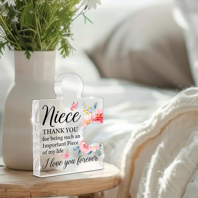 Niece Gifts from Auntie Uncle, Heartwarming Niece Gifts from Aunt Birthday Graduation Christmas Gift for Women Girls Acrylic Puzzle Piece Plaque Keepsake Desk Decorations for Home Decor
