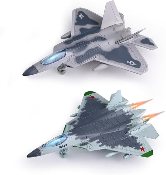 2-in-1 Diecast Fighter Jet Toy Set with Lights & Sounds, Pull Back Airplane F-22 & SU-57 1:144 Scale Military Aircraft Models with Display Stand, Gift for Kids & Collectors