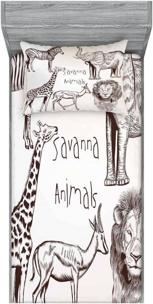 Ambesonne Savannah 2 Pack Fitted Sheet & Pillow Sham Set, Wild Lion Zebra Antelope, 4 Pcs Bedding Decor, Package Contains 2 Twin Size Fitted Sheets & 2 Pillow Covers, Brown Cream