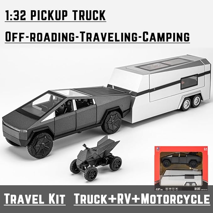 1/32 Toy Trucks with RV Motor for Kids Adults Gift, Alloy Metal Pickup Trailer RV Model Toy, Diecast Truck Model Pickup Truck Toy Car with Sound and Light