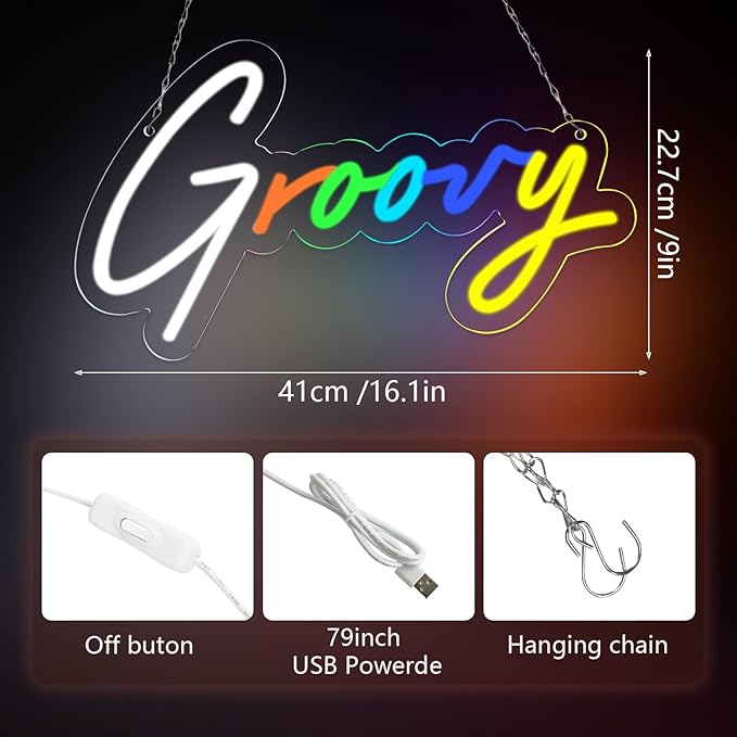 6-Color Groovy Neon Sign - 16x9 Inch Vintage Wall Decor for Game Rooms & Creative Studios, Unique Gift for Gamers/Designers