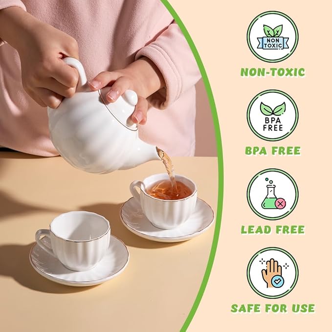 Sweejar Porcelain Tea Set for Little Girls,Kitchen Toys Tea Party Set for Kids Toddler Kitchen Pretend Toy Include Children Teapot, Cup & Saucer Set of 4, Sugar Bowl and Cream Pitcher(Turquoise)